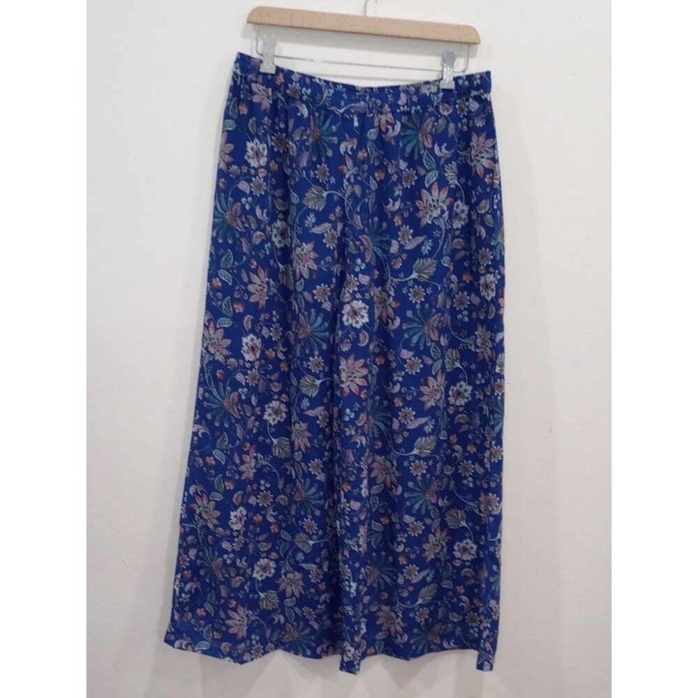 Janasya Blue Floral Print Wide Leg Elastic Waist Pants, Size L